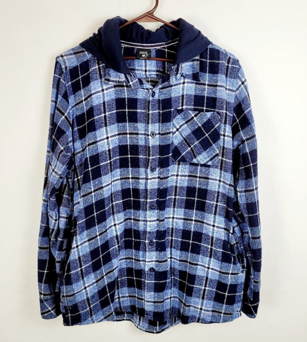 Sunrise Kingdom mens blue plaid hooded button up flannel shirt size small